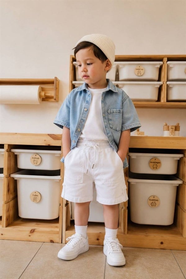 Erkek Çocuk Denim Beyaz Şortlu Takım