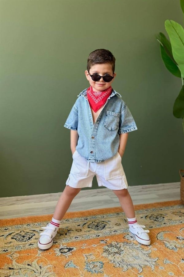 Erkek Çocuk Denim Beyaz Şortlu Takım