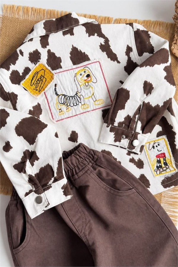 Erkek Çocuk Dog Baskı Denim Ceketli Kahve Takım