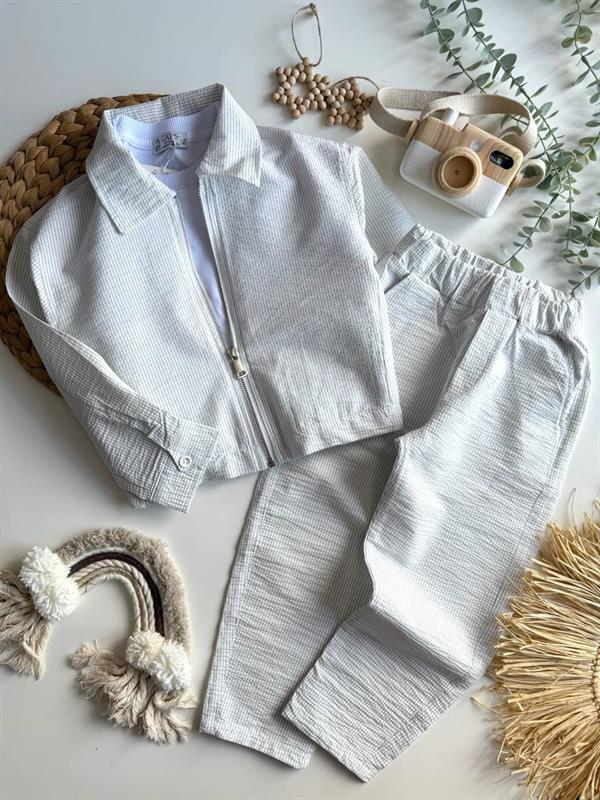 Erkek Çocuk Ekru Fermuarlı Takım