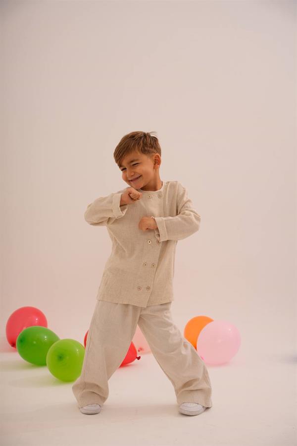 Erkek Çocuk Keten Düğme Detaylı Takım