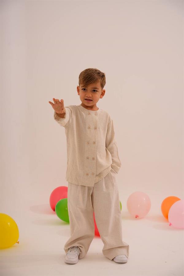 Erkek Çocuk Keten Düğme Detaylı Takım