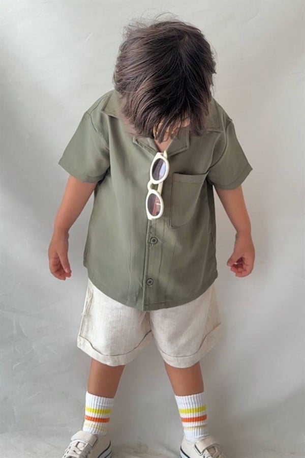 Erkek Çocuk Keten Modal Haki Şortlu Takım