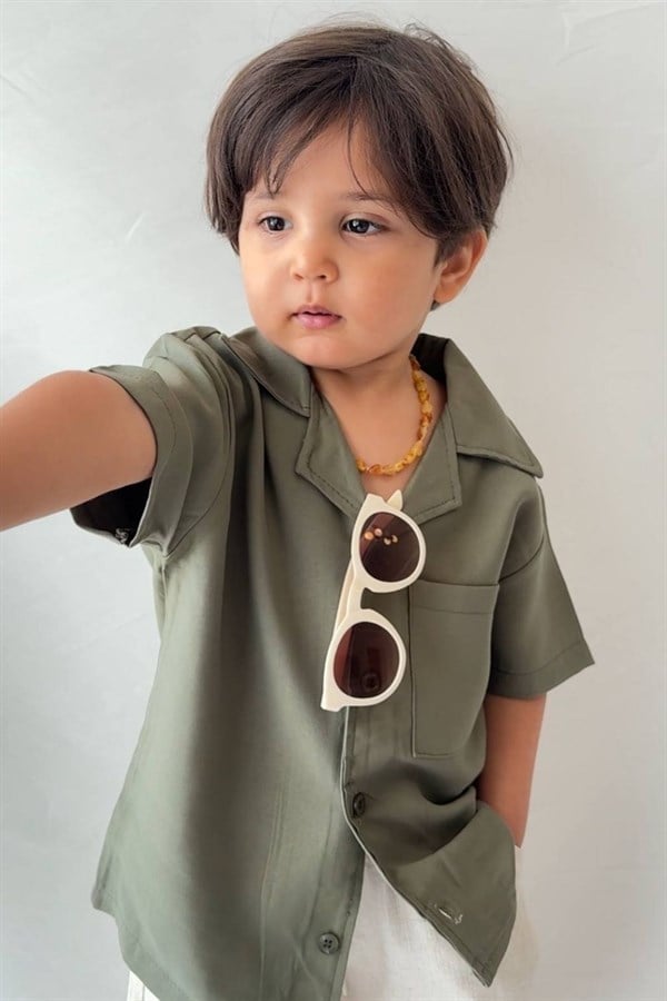 Erkek Çocuk Keten Modal Haki Şortlu Takım