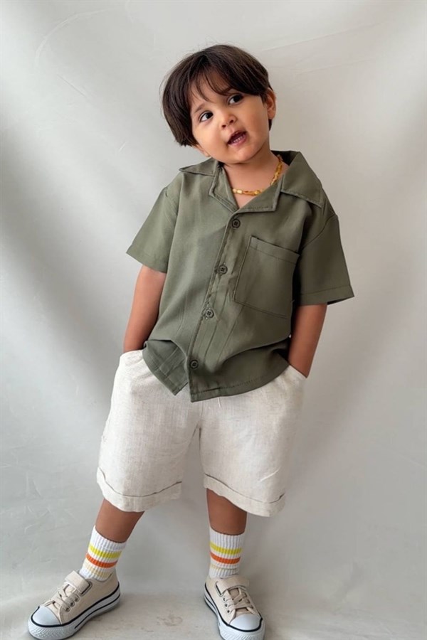 Erkek Çocuk Keten Modal Haki Şortlu Takım
