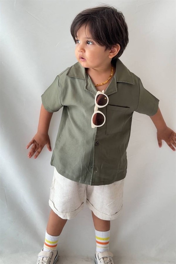 Erkek Çocuk Keten Modal Haki Şortlu Takım