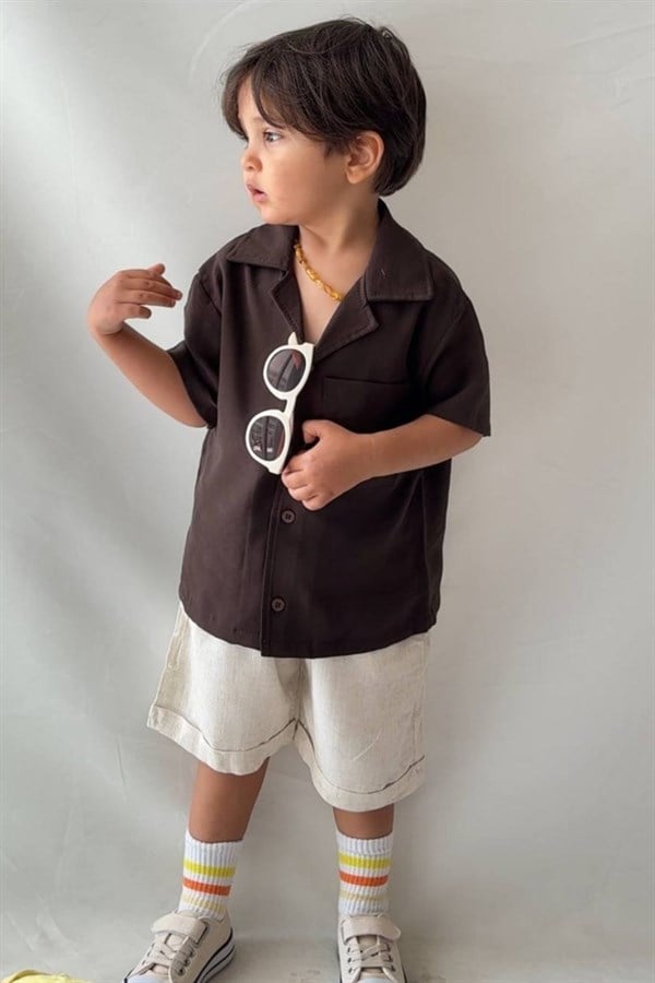 Erkek Çocuk Keten Modal Kahve Şortlu Takım