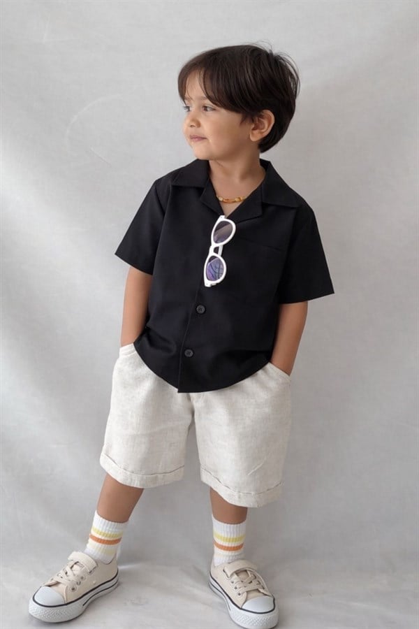 Erkek Çocuk Keten Modal Siyah Şortlu Takım