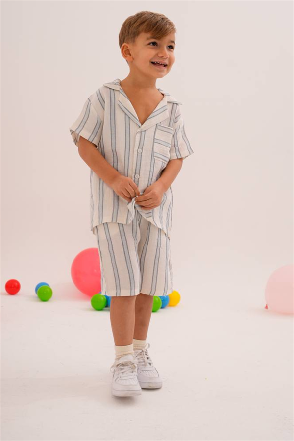 Erkek Çocuk Keten Şortlu Çizgili Takım 