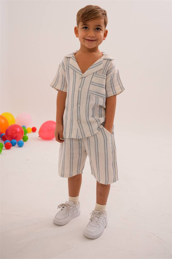 Erkek Çocuk Keten Şortlu Çizgili Takım 