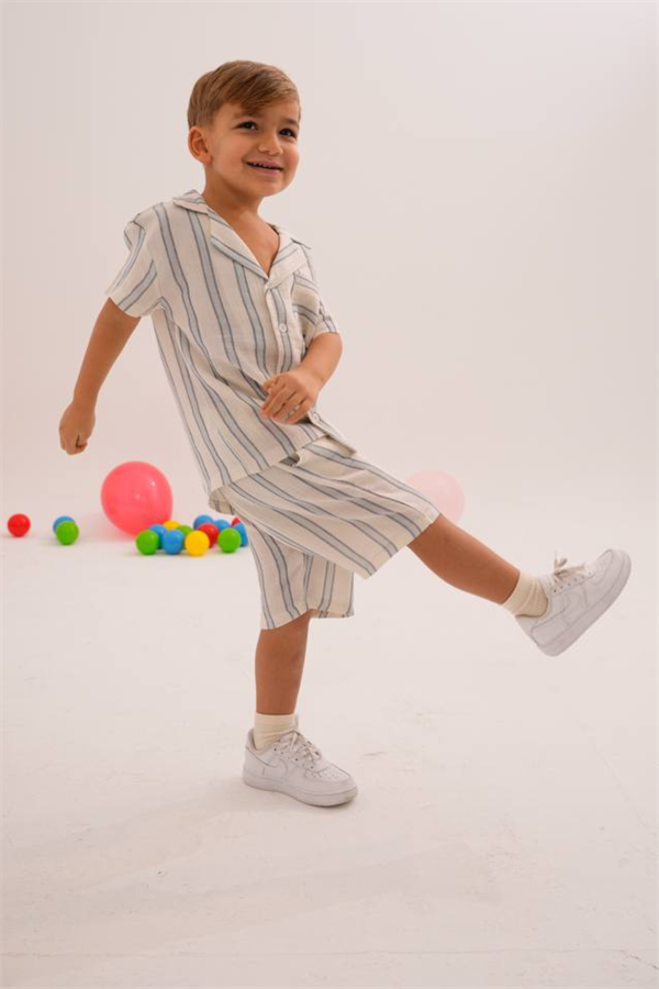 Erkek Çocuk Keten Şortlu Çizgili Takım 