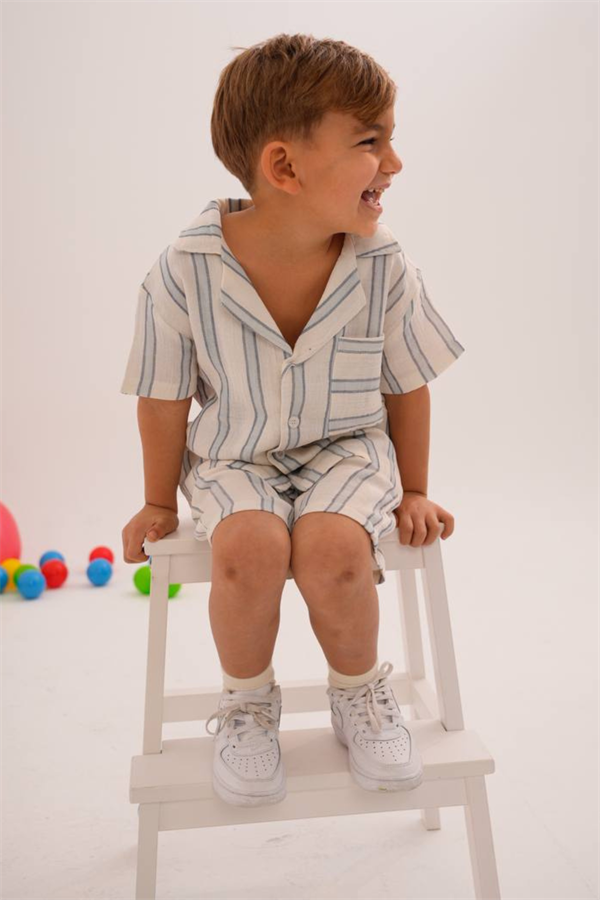 Erkek Çocuk Keten Şortlu Çizgili Takım 