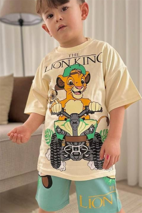 Erkek Çocuk Lion King Krem Yeşil Yaz Şortlu Takım