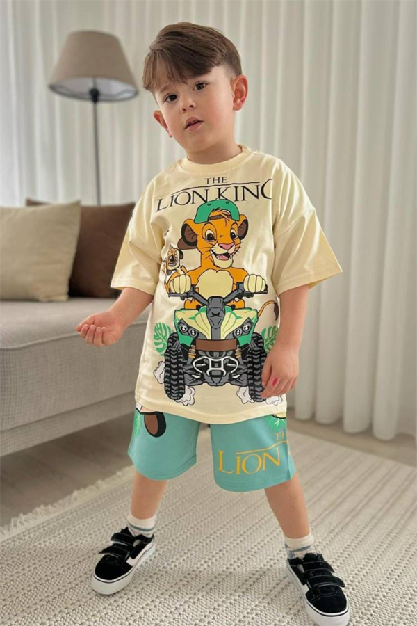 Erkek Çocuk Lion King Krem Yeşil Yaz Şortlu Takım