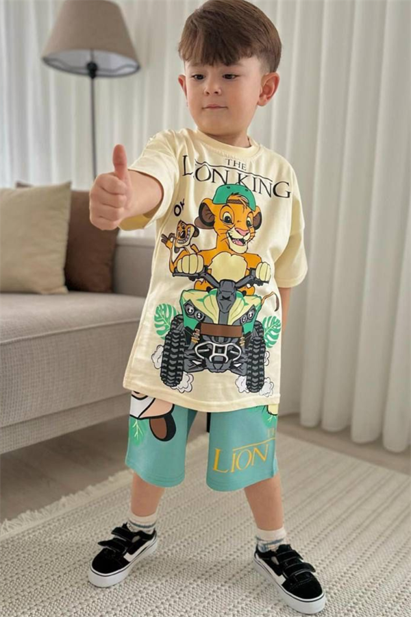 Erkek Çocuk Lion King Krem Yeşil Yaz Şortlu Takım