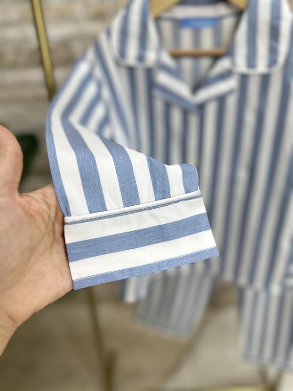 Erkek Çocuk Mavi Çizgili Çantalı Pijama Takım