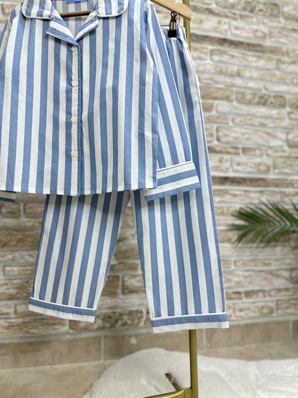 Erkek Çocuk Mavi Çizgili Çantalı Pijama Takım