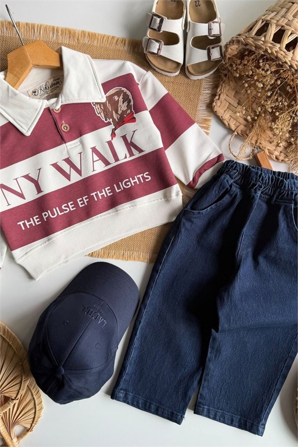 Erkek Çocuk Polo Yaka Teddy Denim Bordo  Takım