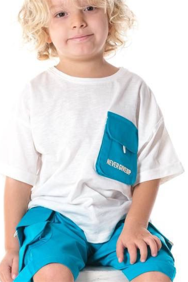 Erkek Çocuk Sloganlı Beyaz Mavi Şortlu Takım