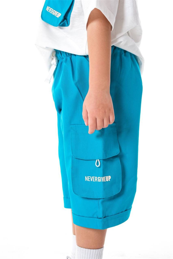 Erkek Çocuk Sloganlı Beyaz Mavi Şortlu Takım