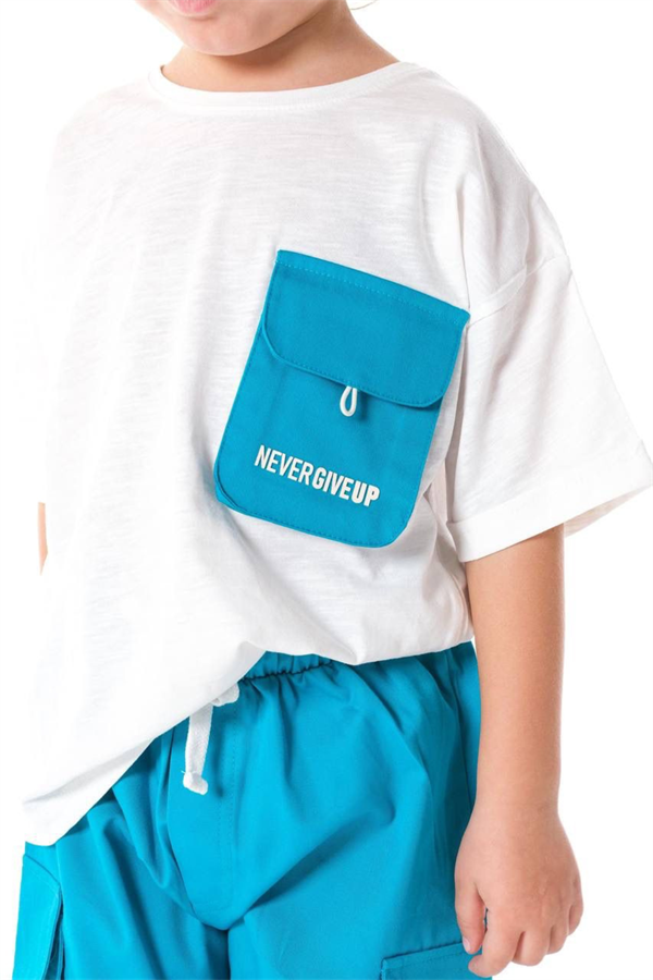 Erkek Çocuk Sloganlı Beyaz Mavi Şortlu Takım