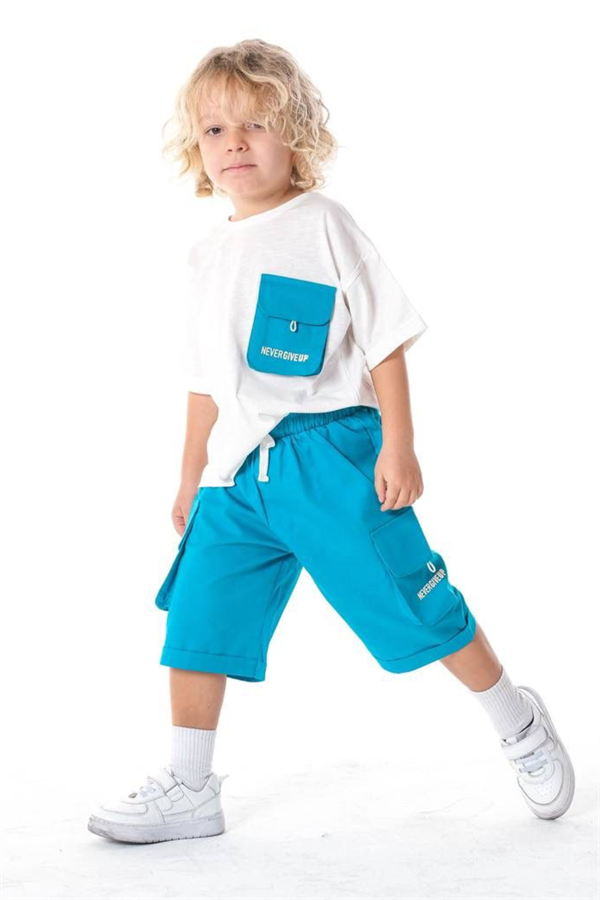 Erkek Çocuk Sloganlı Beyaz Mavi Şortlu Takım