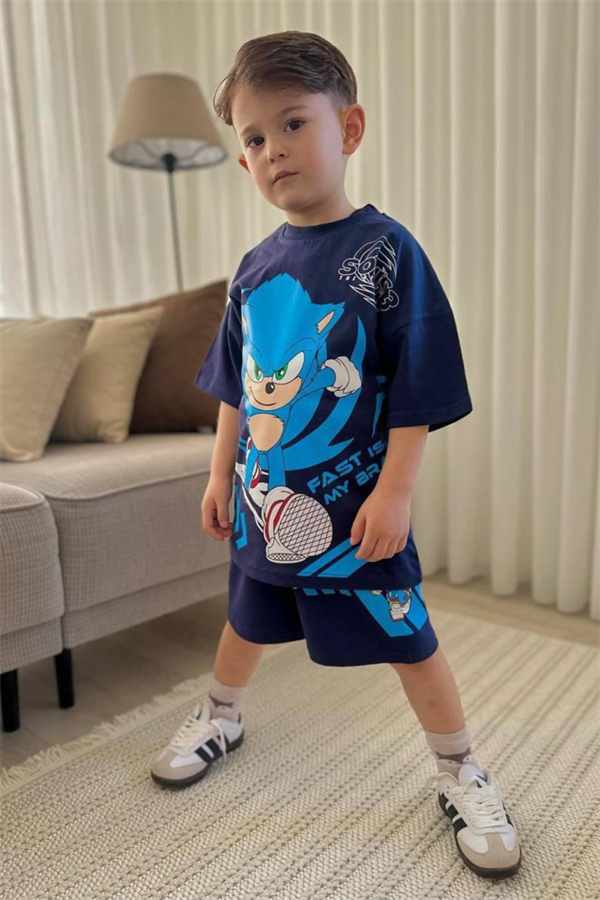 Erkek Çocuk Sonic Koyu Laci Yaz Şortlu Takım  