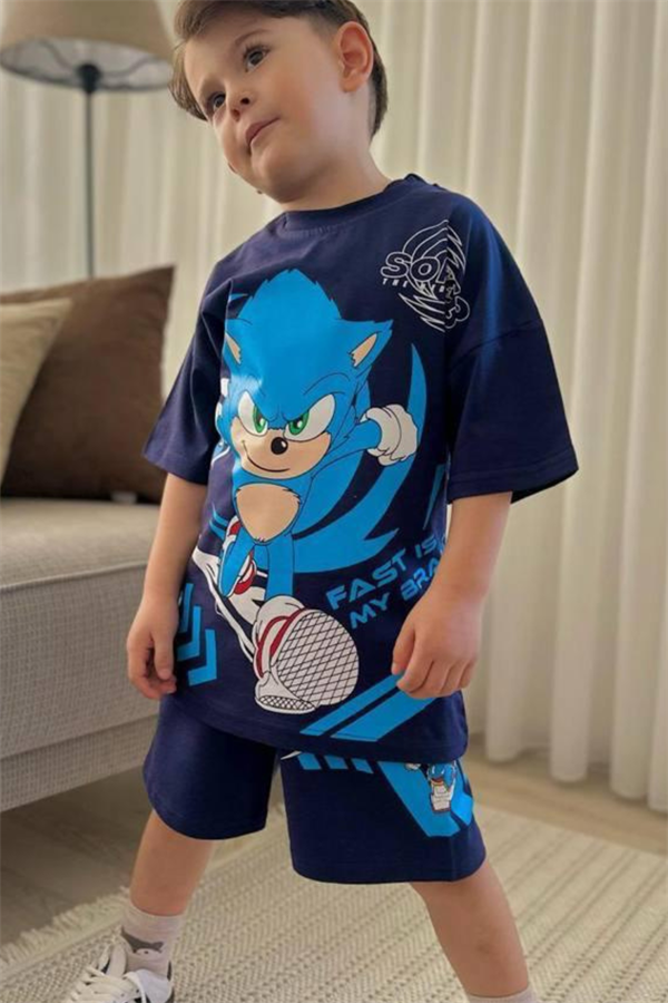 Erkek Çocuk Sonic Koyu Laci Yaz Şortlu Takım  