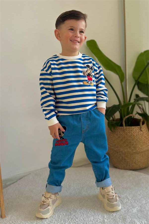 Erkek Çocuk Takım Çizgili Sweat Mavi Jean Pantolon