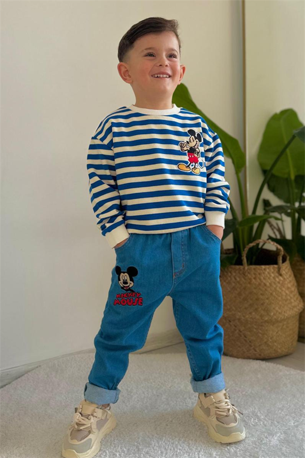 Erkek Çocuk Takım Çizgili Sweat Mavi Jean Pantolon