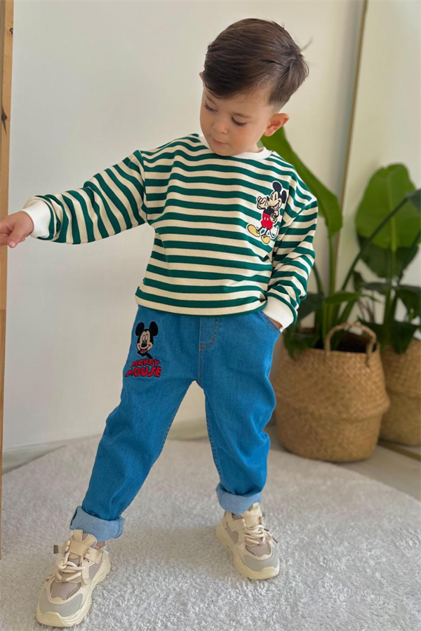 Erkek Çocuk Takım Çizgili Sweat Yeşil Jean Pantolon