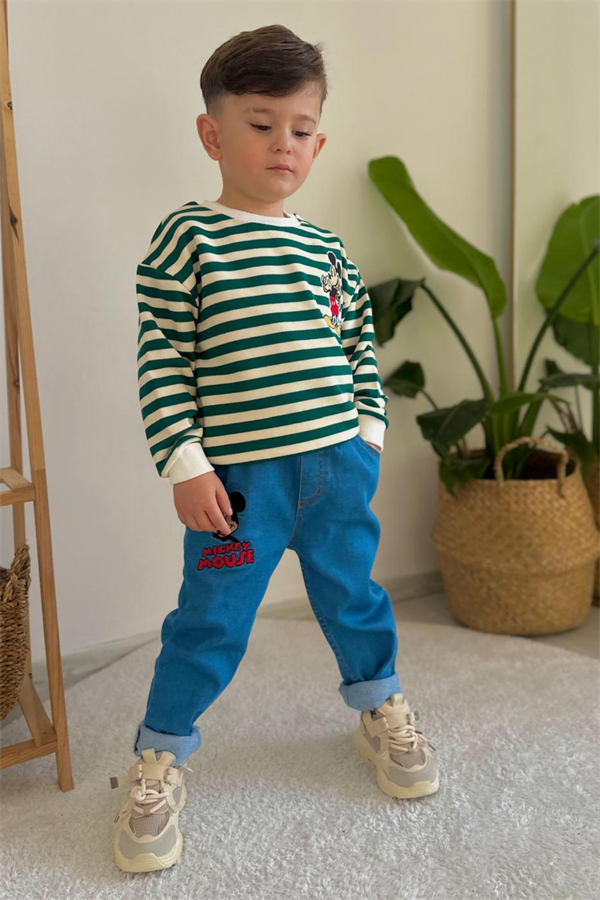 Erkek Çocuk Takım Çizgili Sweat Yeşil Jean Pantolon