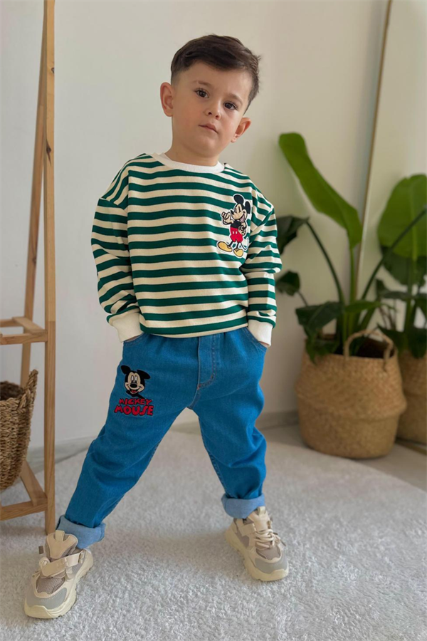 Erkek Çocuk Takım Çizgili Sweat Yeşil Jean Pantolon