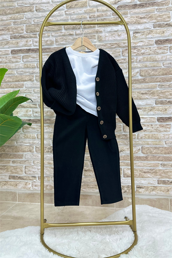 Erkek Çocuk Triko Siyah Hırka Pantolon Takım