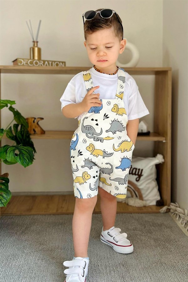 Erkek Çocuk Tshirt Dahil Denim Beyaz Şortlu Salopet