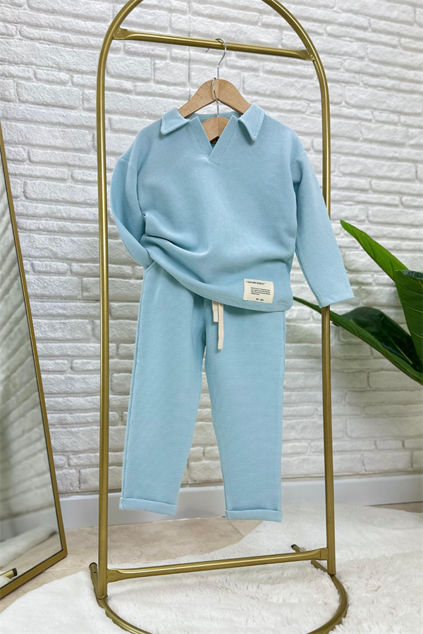 Erkek Çocuk Waffle Kumaş Mavi Takım