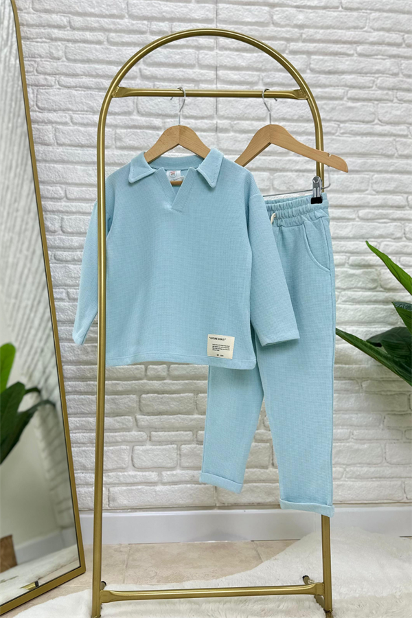 Erkek Çocuk Waffle Kumaş Mavi Takım