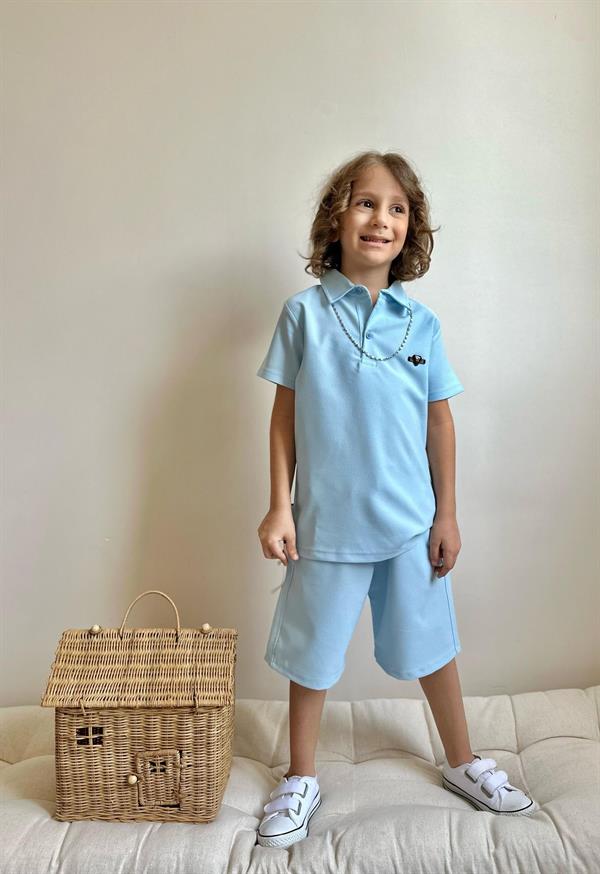 Erkek Çocuk Yakalı Mavi Şortlu Bermuda Takım 