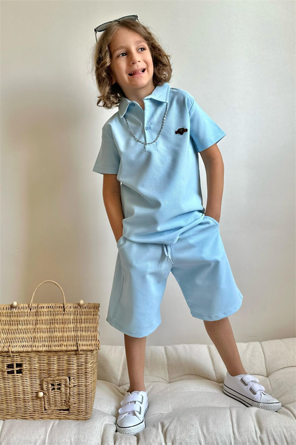 Erkek Çocuk Yakalı Mavi Şortlu Bermuda Takım 