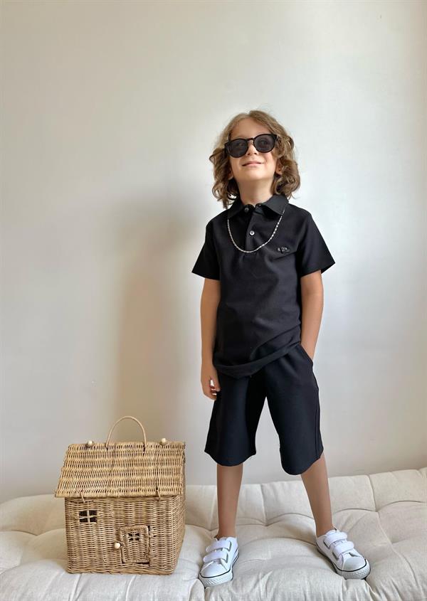 Erkek Çocuk Yakalı Siyah Şortlu Bermuda Takım 