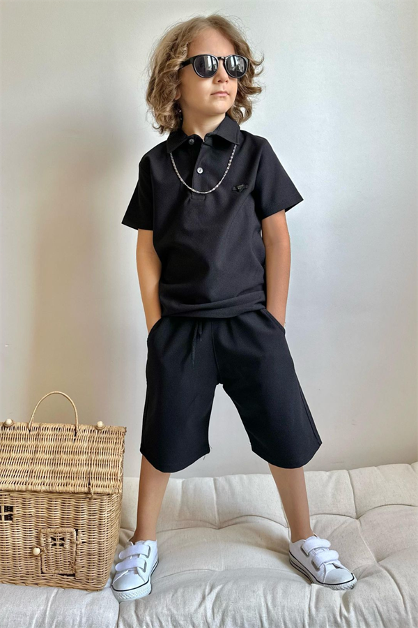 Erkek Çocuk Yakalı Siyah Şortlu Bermuda Takım 