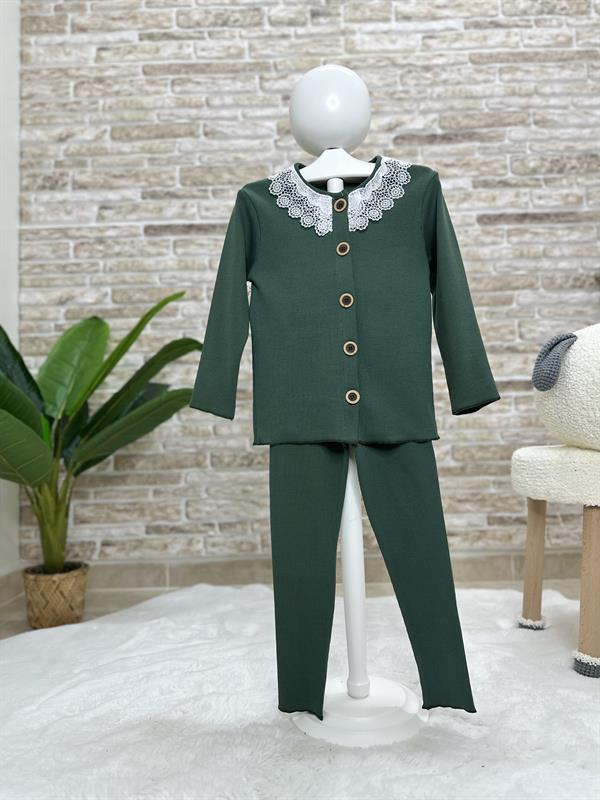Fitili Bebe Dantel Yakalı Yeşil Taytlı Takım