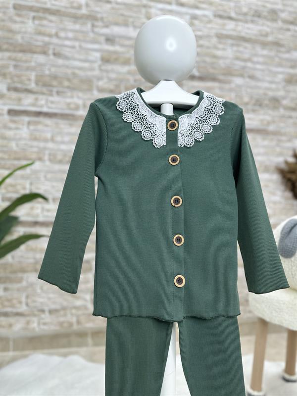 Fitili Bebe Dantel Yakalı Yeşil Taytlı Takım