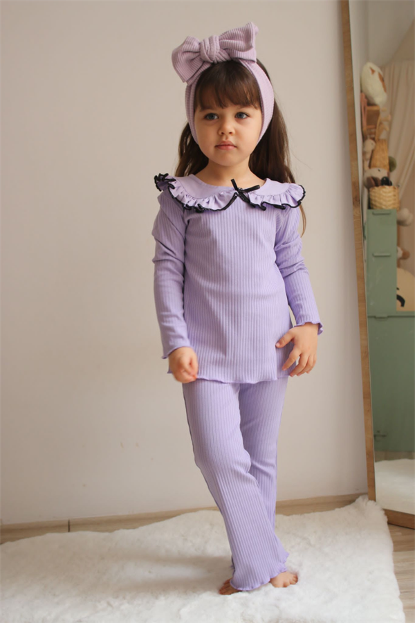 Fitilli Bebe Yaka Lila Kurdela Detaylı Tayt Takım