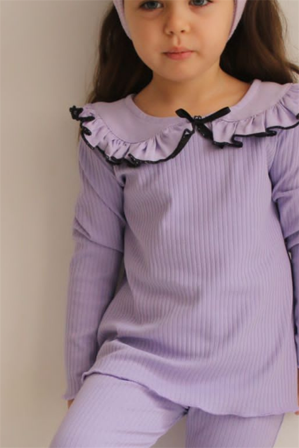 Fitilli Bebe Yaka Lila Kurdela Detaylı Tayt Takım
