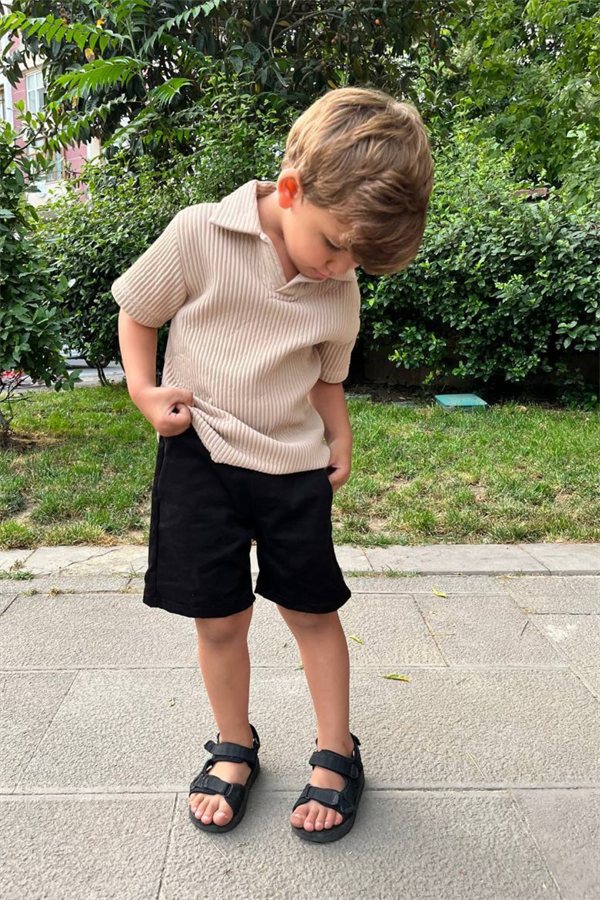 Fitilli Kahve Siyah Keten Şortlu Takım