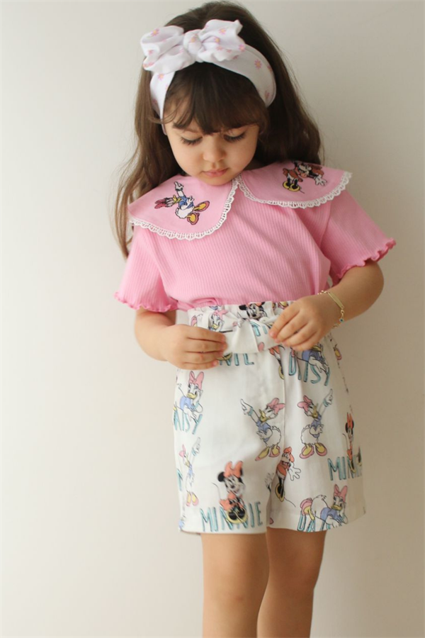 Fitilli Nakışlı Pembe Şortlu Takım