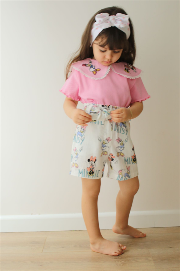 Fitilli Nakışlı Pembe Şortlu Takım