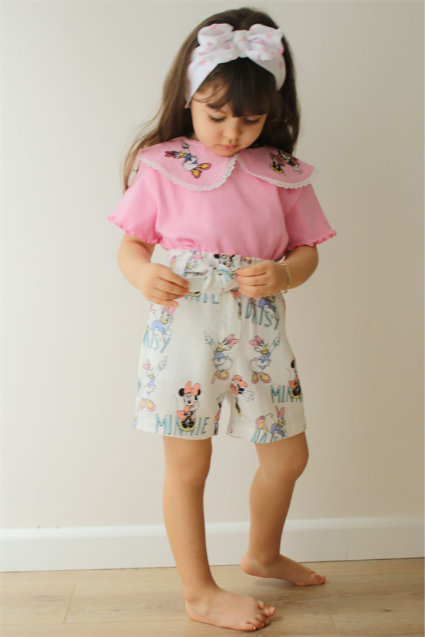 Fitilli Nakışlı Pembe Şortlu Takım