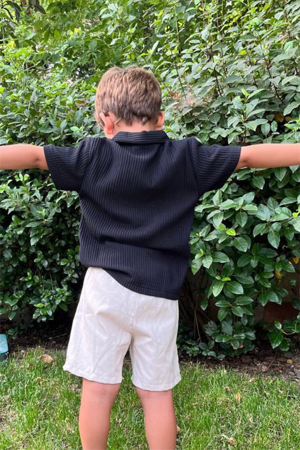 Fitilli Siyah Bej Keten Şortlu Takım